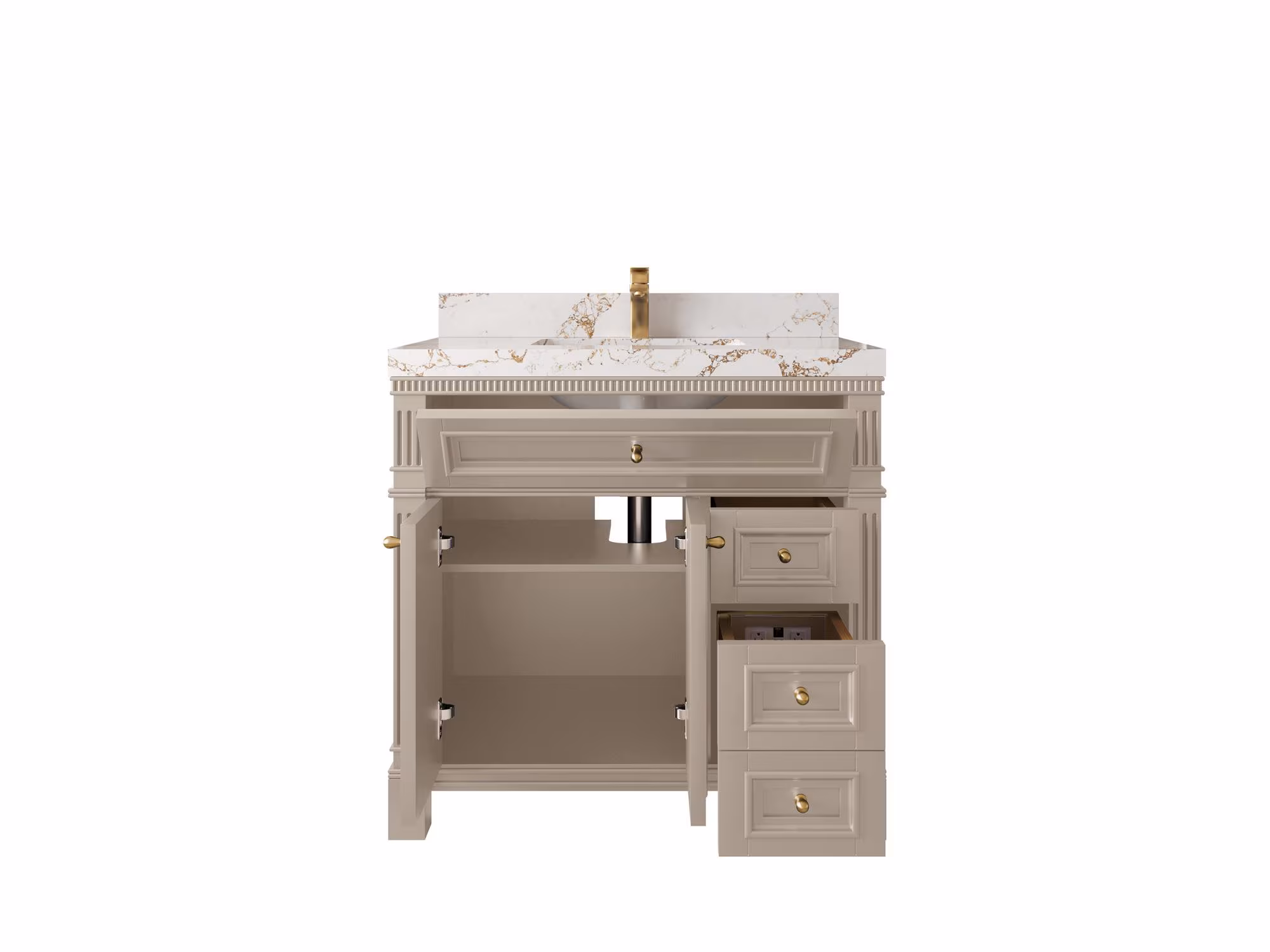 Paris 36 in W x 22 in D Center Sink Free Standing Bathroom Vanity in Fine Grain with Quartz or Marble Countertop | MODERN VANITY