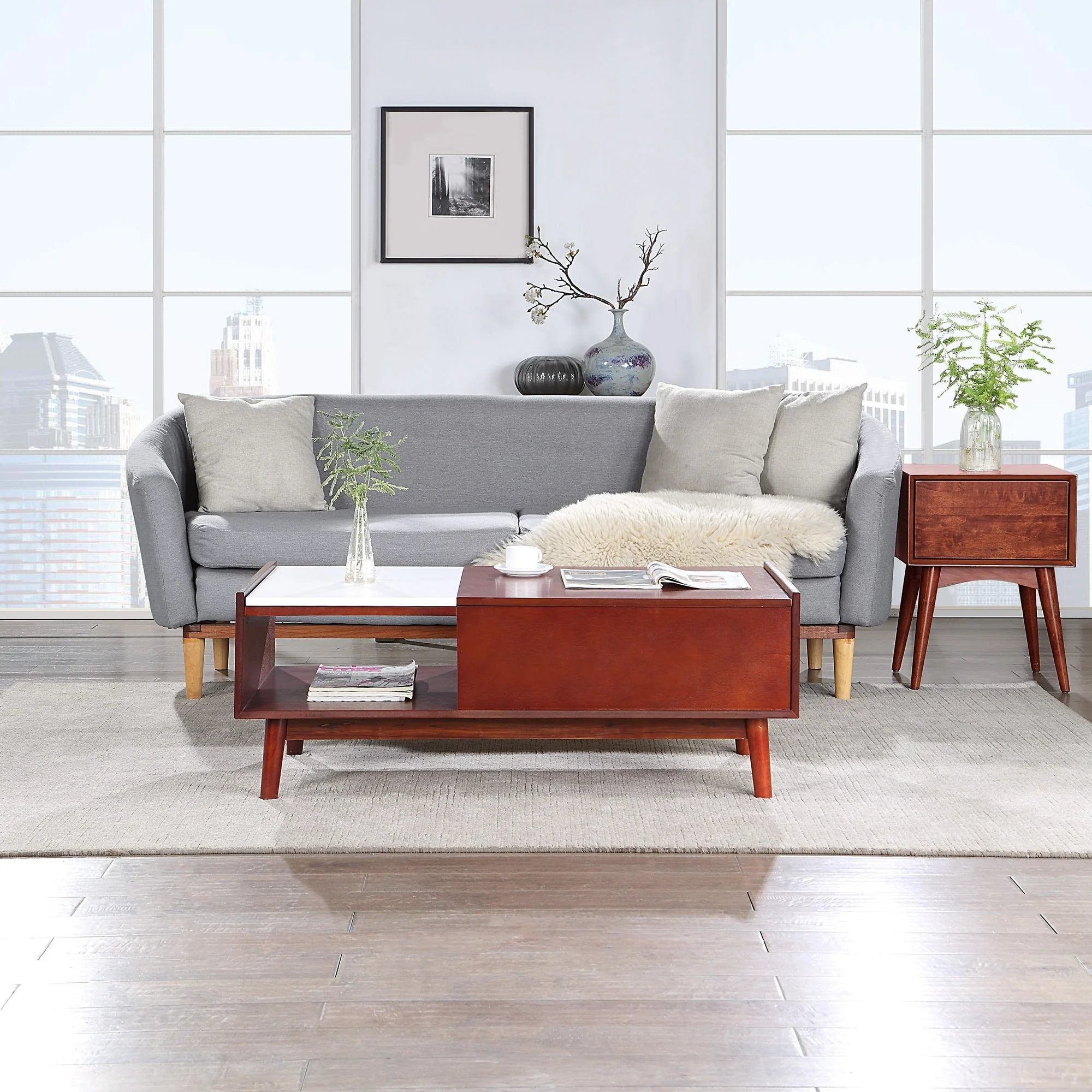47W Extendable Lift Top Coffee Table with Hidden Storage Shelf Faux Marble - L47xW20xH27.5