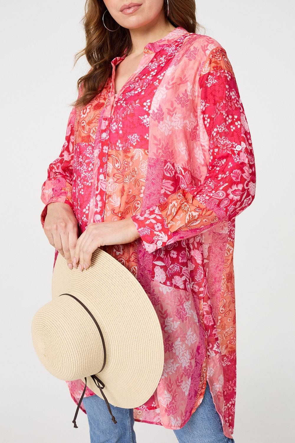 Izabel London Patchwork Print Semi Sheer Longline Shirt