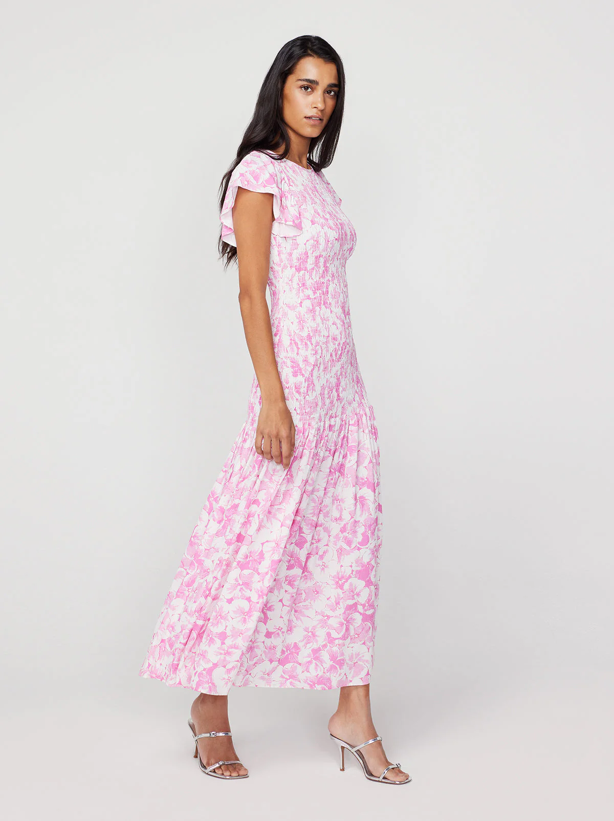 Jemima Pink Pansy Print Shirred Maxi Dress