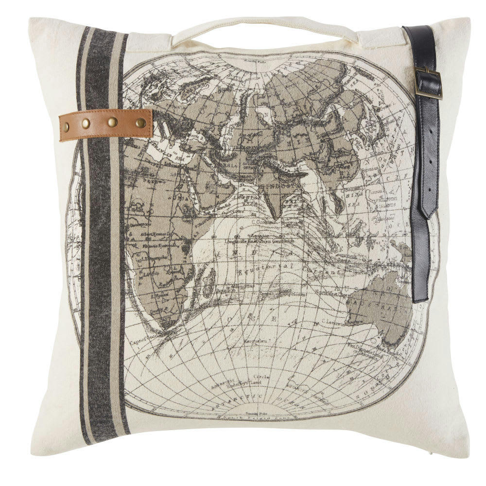 WORLD - Coussin en coton beige imprimé carte du monde et cuir 45x45