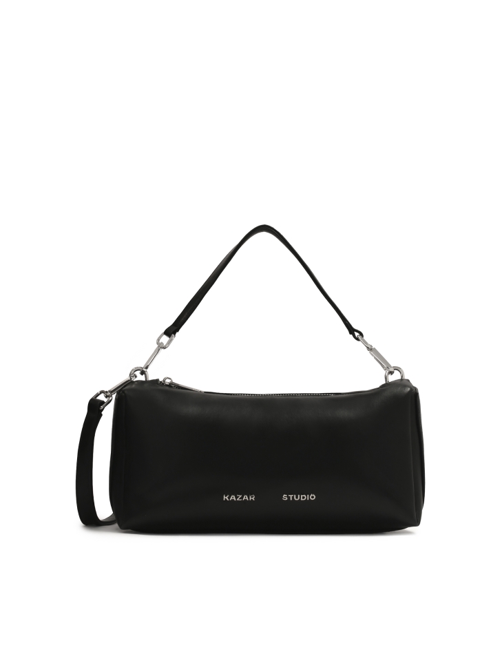 Elongated black soft leather handbag