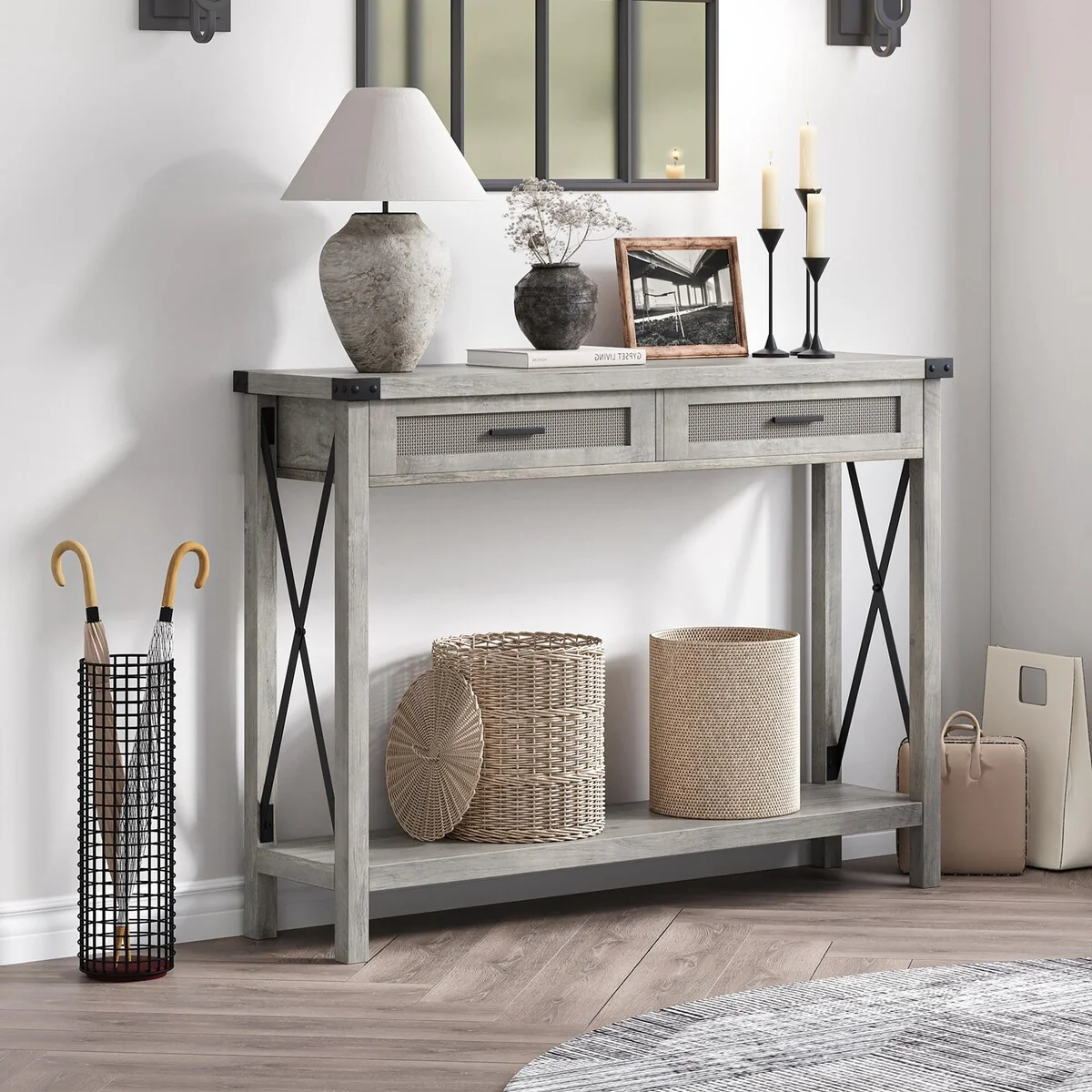 Console Table with Rattan Drawers, Farmhouse Sofa Table