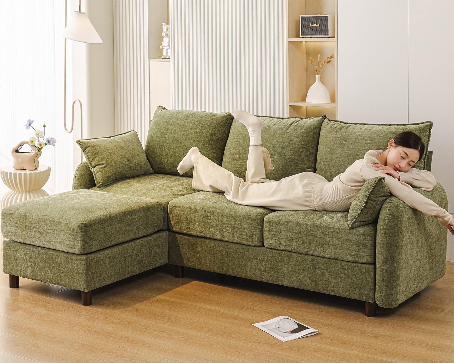 86'' Sectional Couches, L Shaped Couch with Movable Chaise Lounge,Comfy 3 Seats Sofa with Thick Cushion,Wood Legs,2 Throw Pillows,Sectional for Living Room,Bedroom,Apartment,Chenille,Green