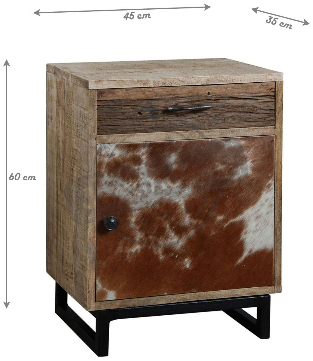 - Table de nuit en manguier et peau de vache