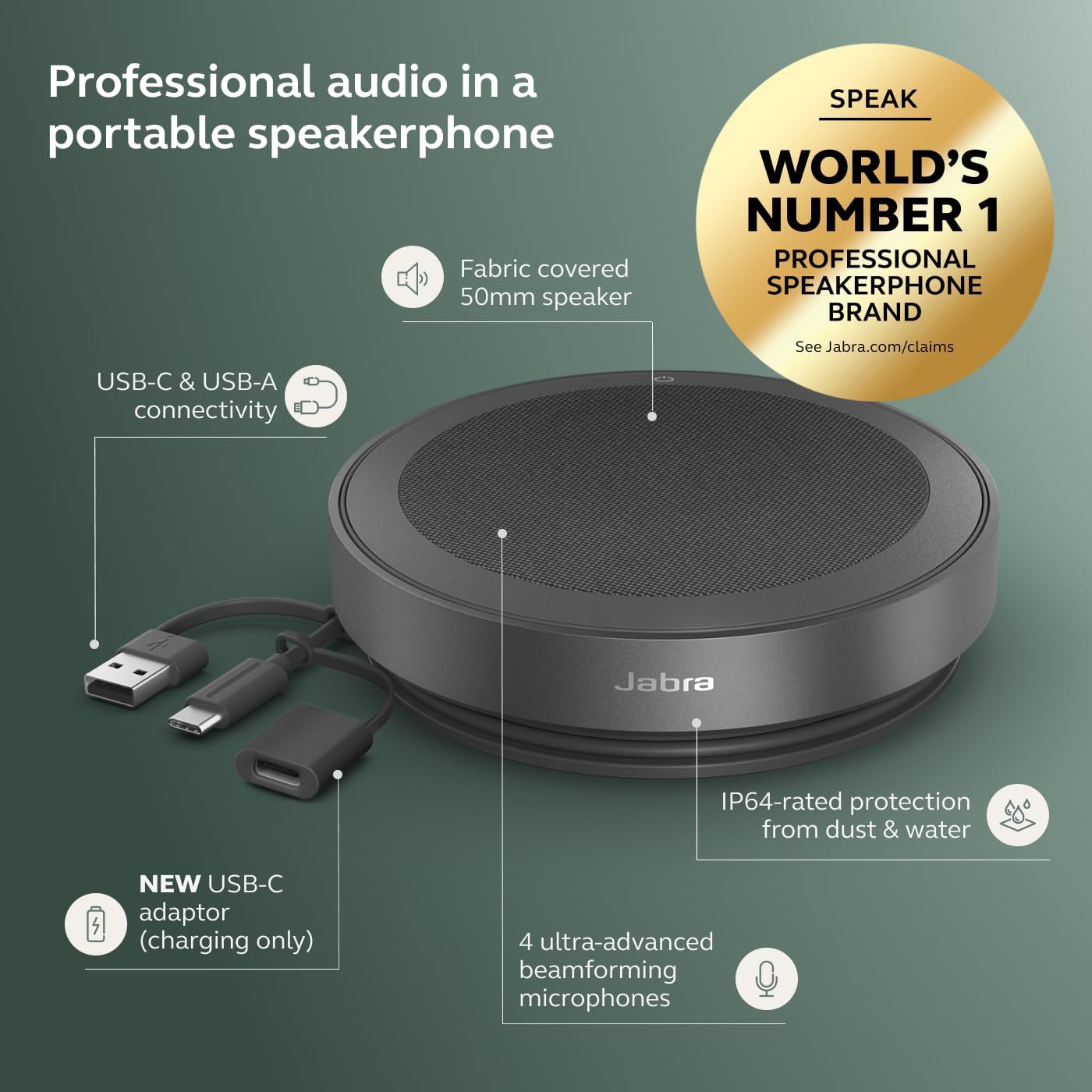 Jabra Speak2 75 (2025 Edition) Wireless Bluetooth Speakerphone - 4 Noise-Cancelling Mics  65mm Speakers - New Linking Feature - USB-C Dongle - Certified for Microsoft Teams - Dark Grey