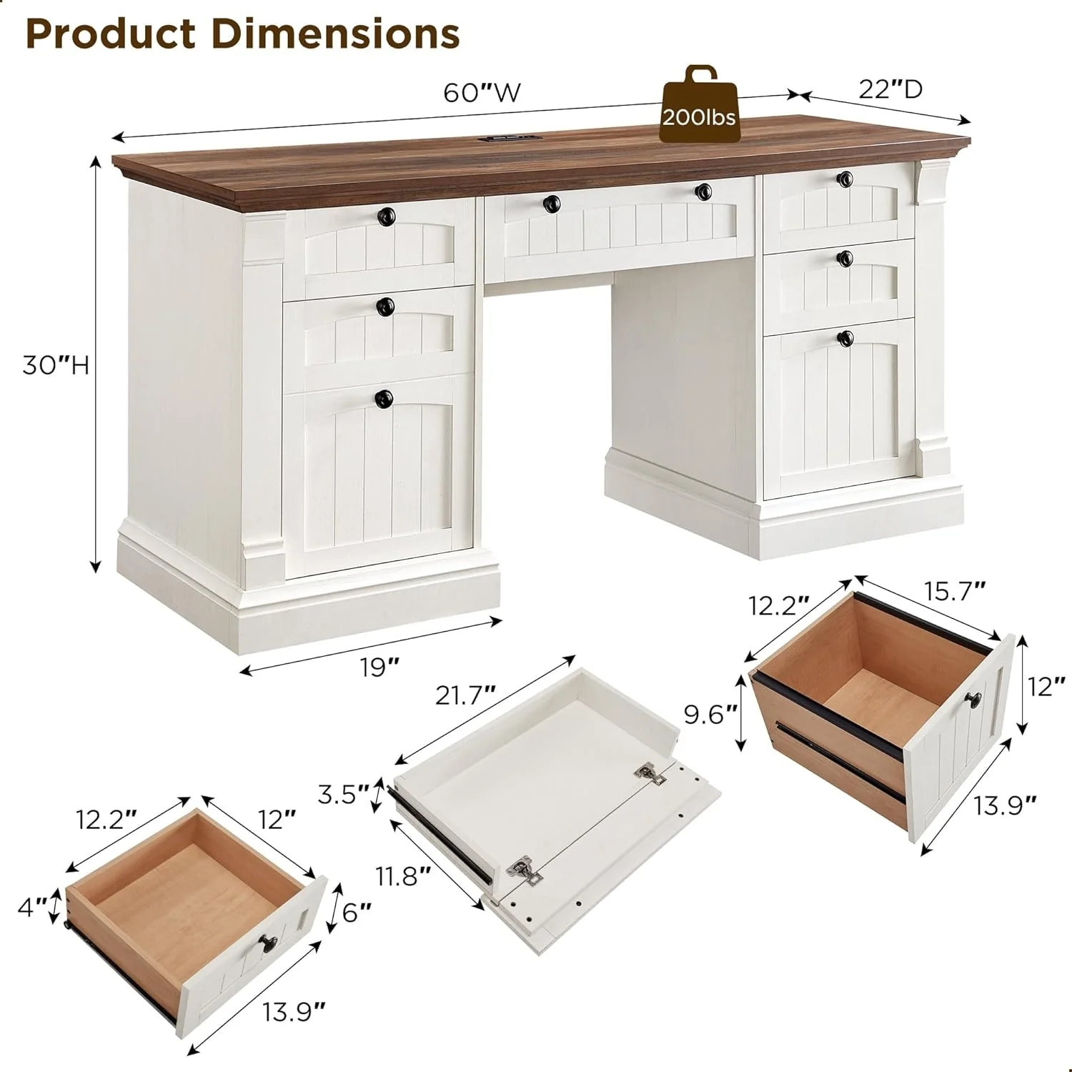 Farmhouse Computer Desk, Wood Home Office Desk with Charging Station