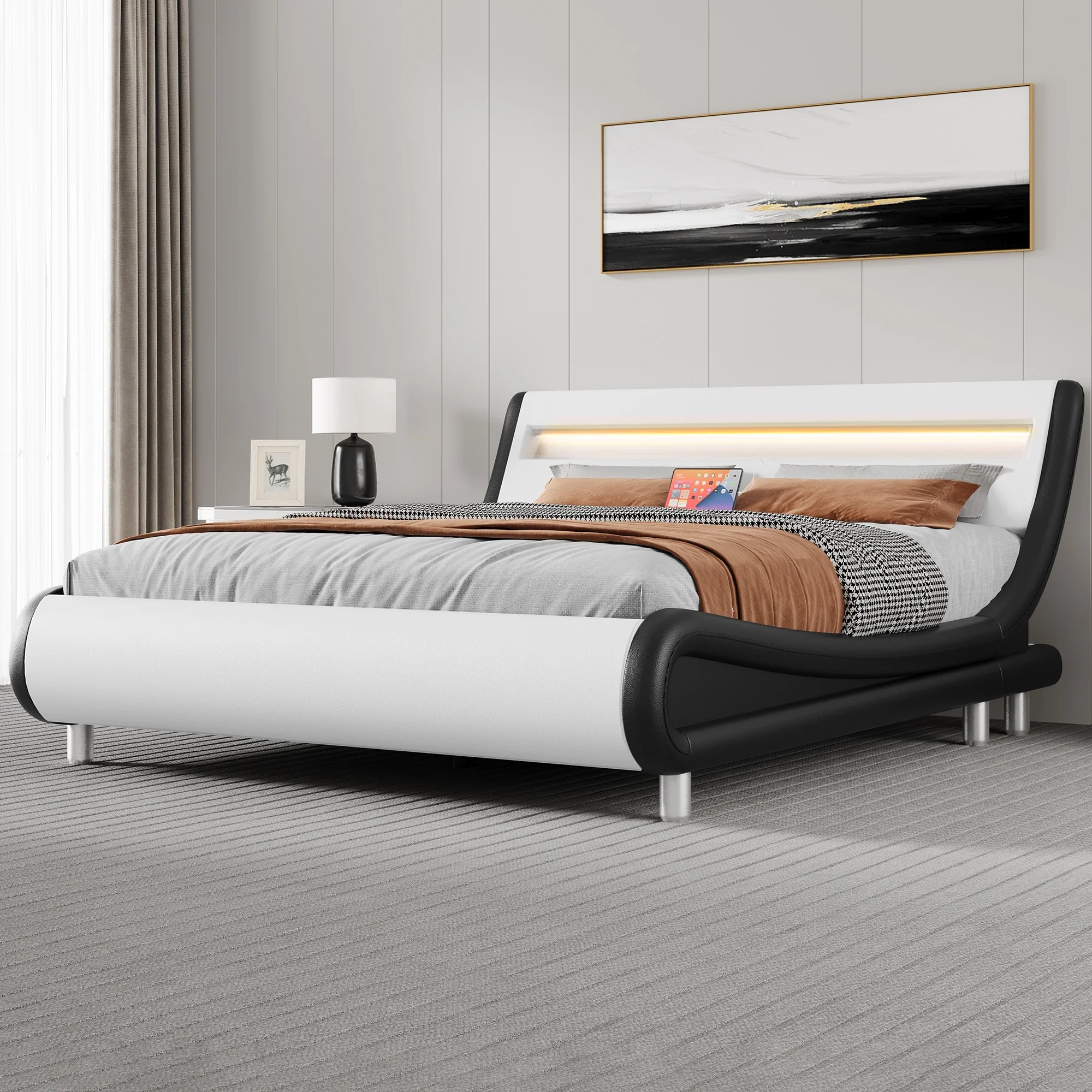 Moasis Queen Design Model PU Upholstered Led Bed Frame