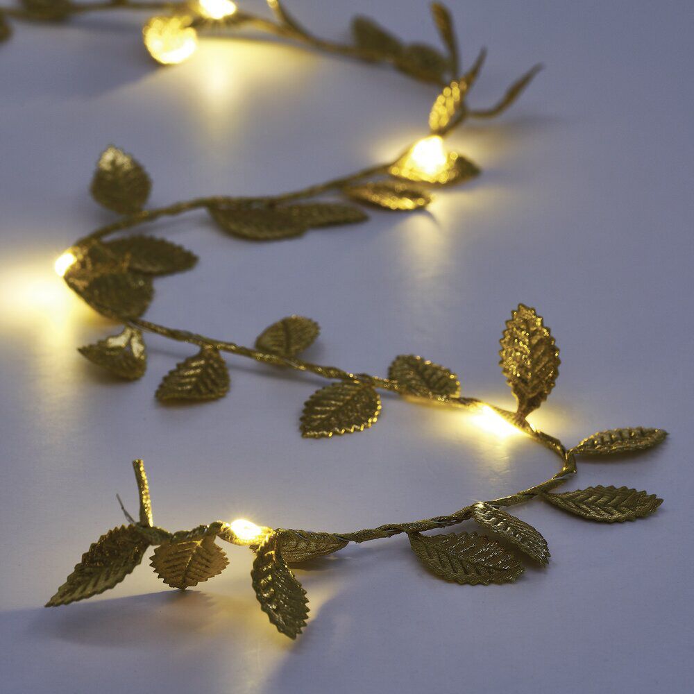 Guirlande lumineuse feuille dorée 20 microLED blanc chaud 1,90m