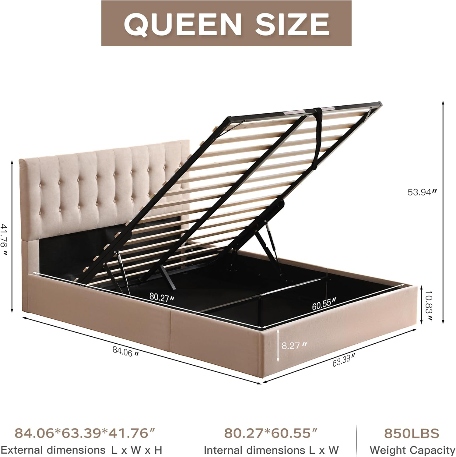 VELOCAVA Queen Size Lift-Up Storage Bed, Modern Upholstered Platform Frame, Ample Under-Bed Storage, Button-Tufted Headboard, Sturdy Wooden Slats, No Box Spring Needed, Linen-Textured Light Khaki