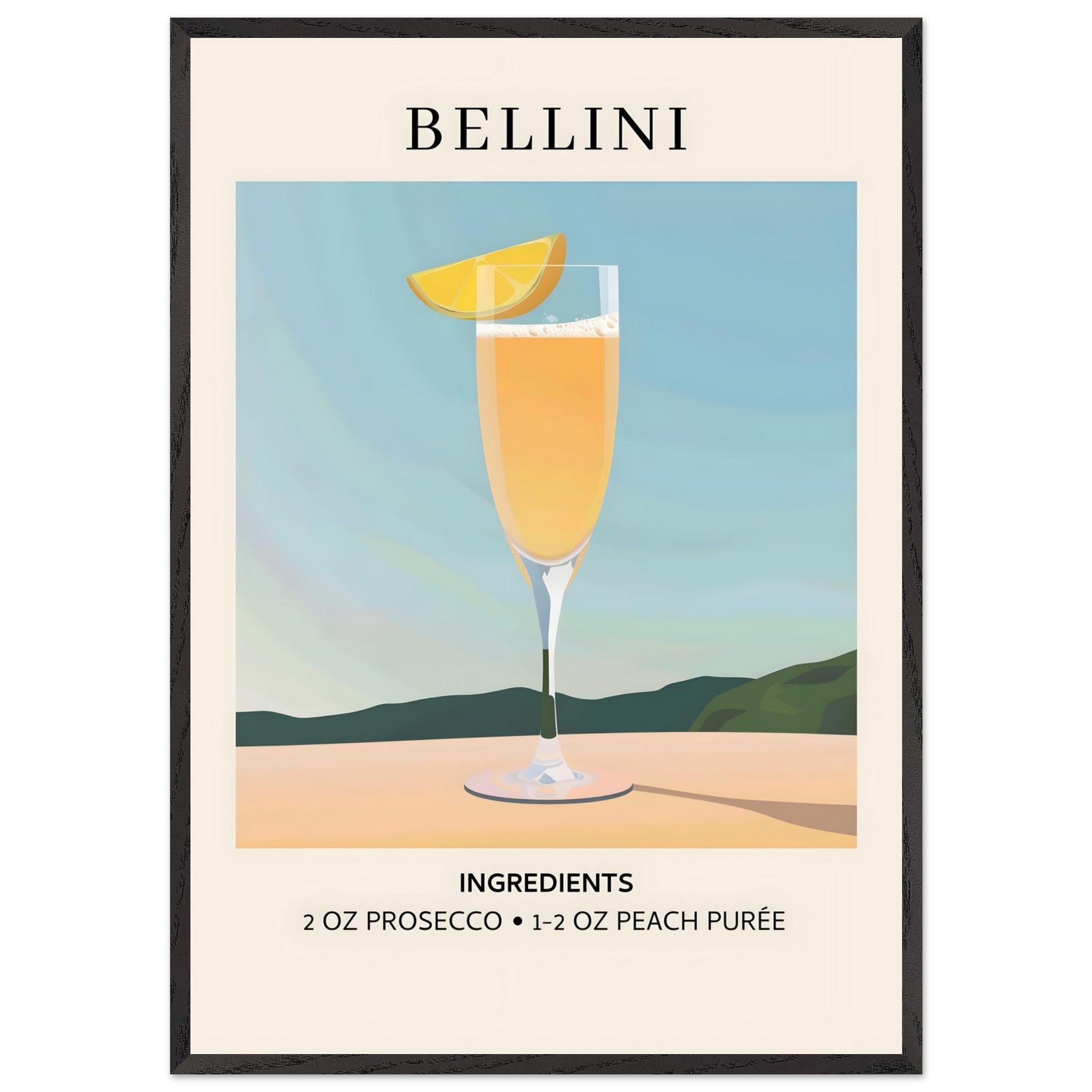 Artfulprints Poster met Lijst Bellini cocktail - Ingrediënten  - 70x100 cm - Geel