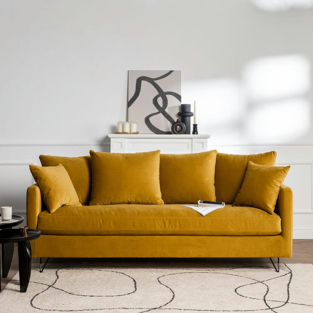 VILLABON - Canapé convertible 3 places en velours pieds épingles noirs jaune mout