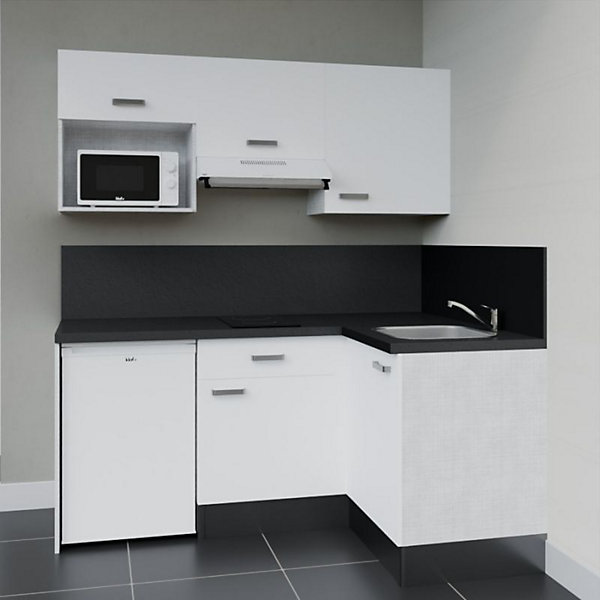 Kitchenette KA03 façades Blanc - Plan de travail Noir texturé - Crédences : Oui - Evier inox - Electroménager Blanc inclus