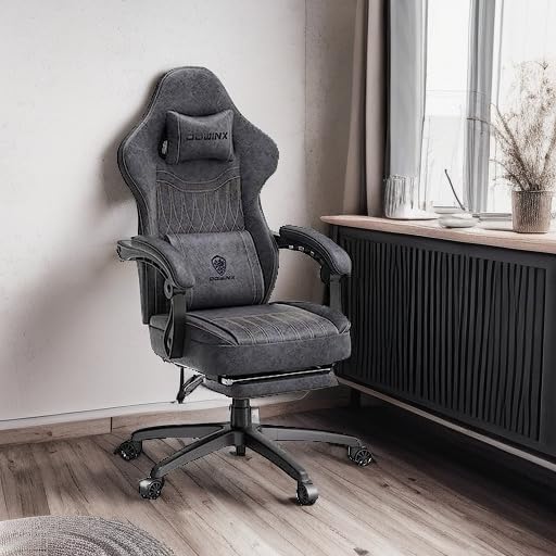 Dowinx Gaming Chair Breathable PU Leather Gamer Chair with Footrest Massage Lumbar Support, Big and Tall Ergonomic Reclining Computer Chair with Pocket Spring Cushion for Adults Teens (Grey)