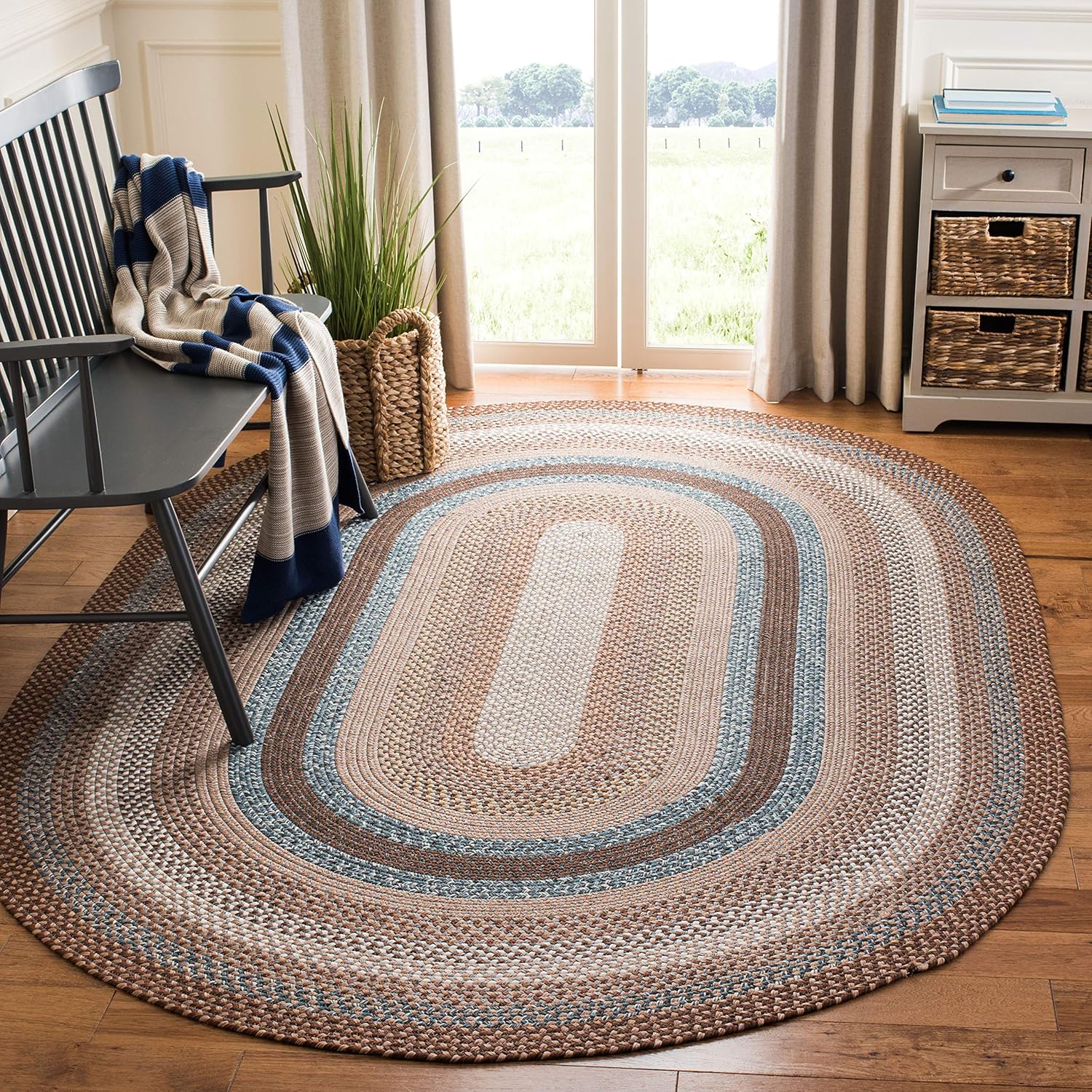 SAFAVIEH Washable Rug Outdoor Braided Collection - 8' x 10' Oval, Brown & Multi, Handmade & Reversible, Non-Shedding & Easy to Clean, Ideal for Patio, Backyard, Mudroom (BRD313A)