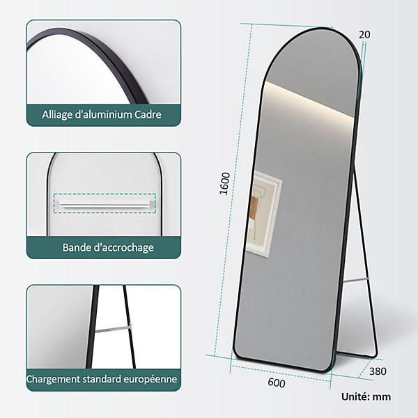 EMKE Grand miroir intégral avec cadre en aluminium noir, 160 x 60 cm, sur pied ou mural