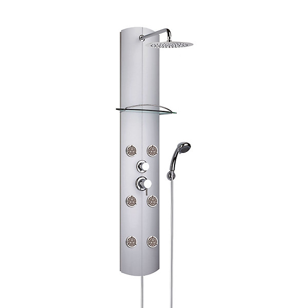 Colonne de douche mécanique hydromassante 6 buses avec tablette, pomme de tête, douchette 3 jets et flexible, gris, Valentin Totem Alu