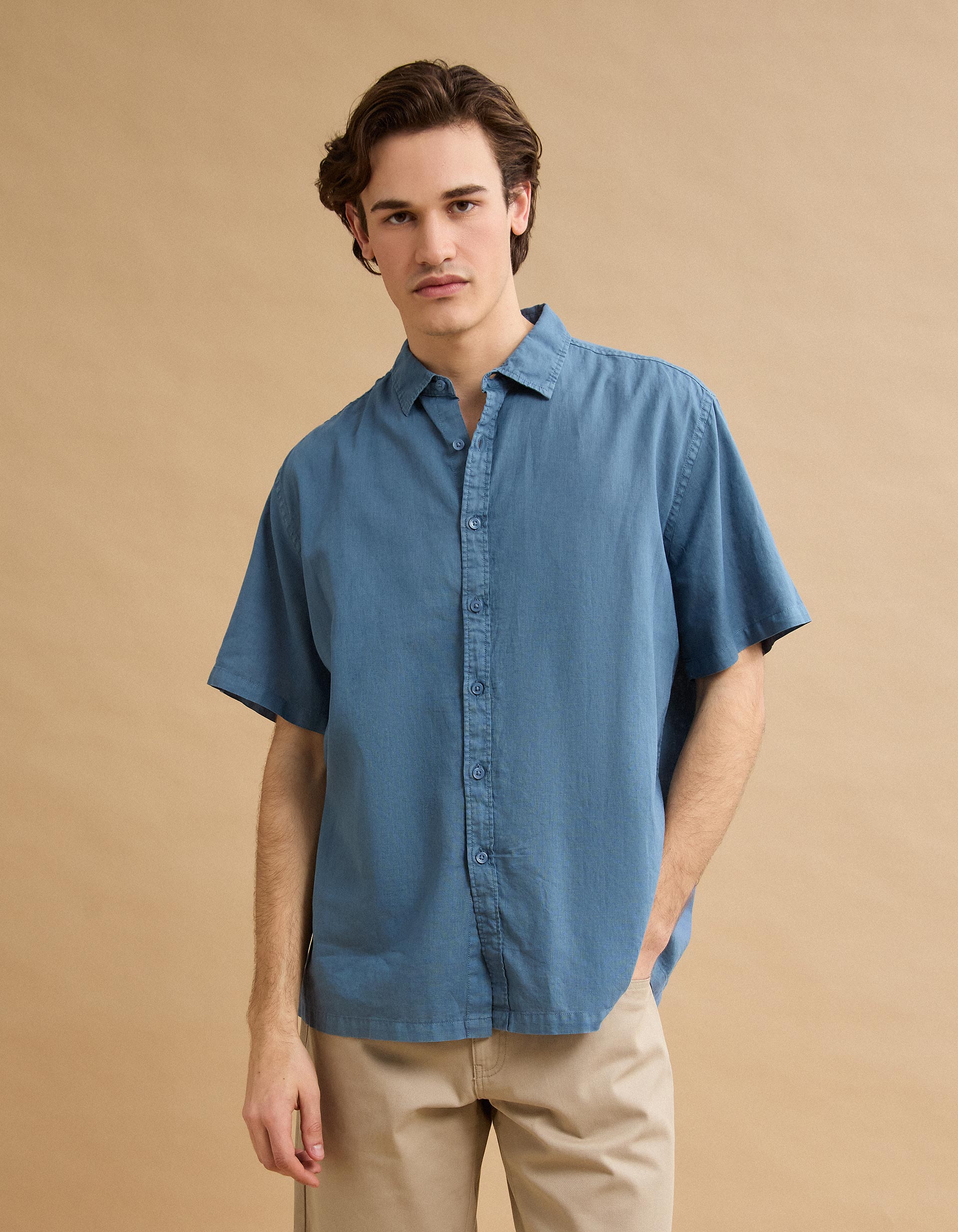 Camisa com Linho, Homem, Azul