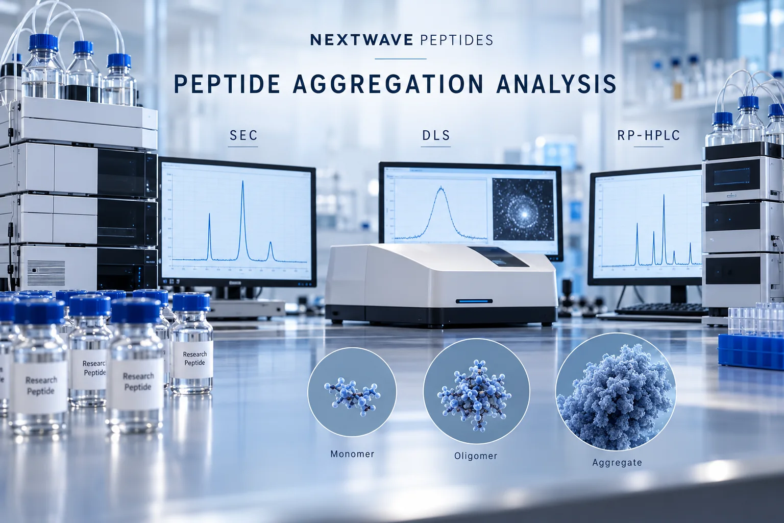 Research peptide vials and laboratory instruments comparing SEC, DLS, and RP-HPLC views of monomers, oligomers, and larger aggregates.