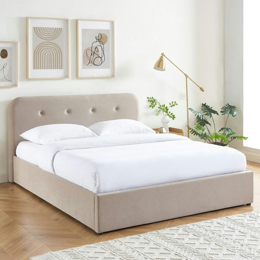 KNUT - Lit coffre capitonné en velours 160x200cm beige