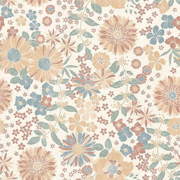 Papier peint vinyle intissé fleuri petites fleurs vert, orange L. 1005 x l. 53cm Ugepa