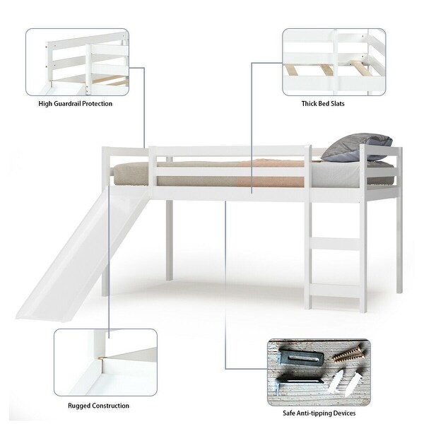 Gymax Twin Size Loft Bed with Slide Wood Low Sturdy Loft Bed for Kids