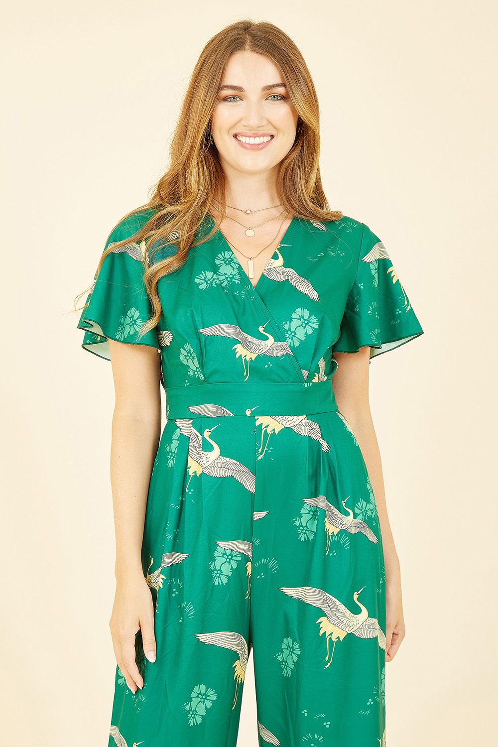 Yumi Green Crane Print Angel Sleeve Jumpsuit