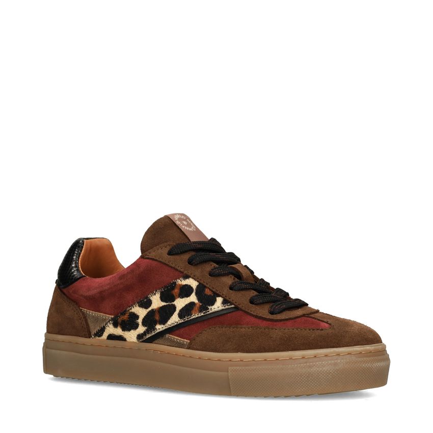 Manfield Bruine suède sneakers met leopard details