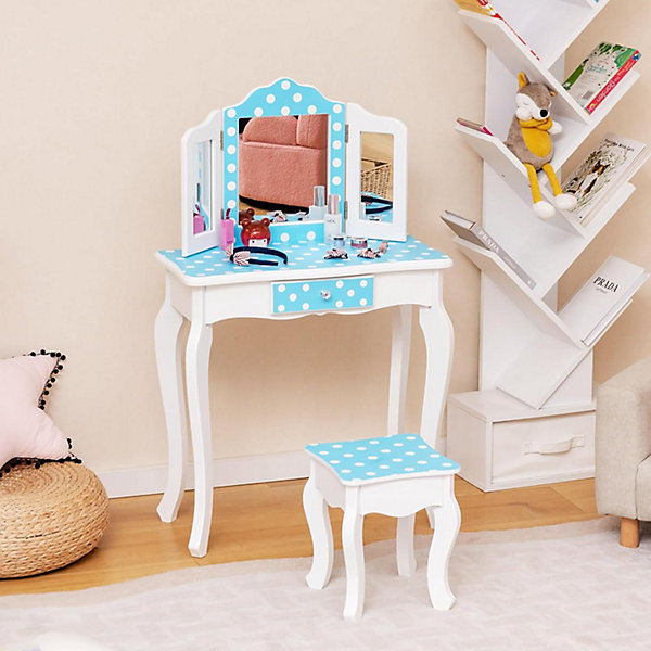 Coiffeuse Enfant avec Tabouret 2 en 1 Table de Maquillage avec Miroir Rabattable Tiroir Unique Plateau Amovible