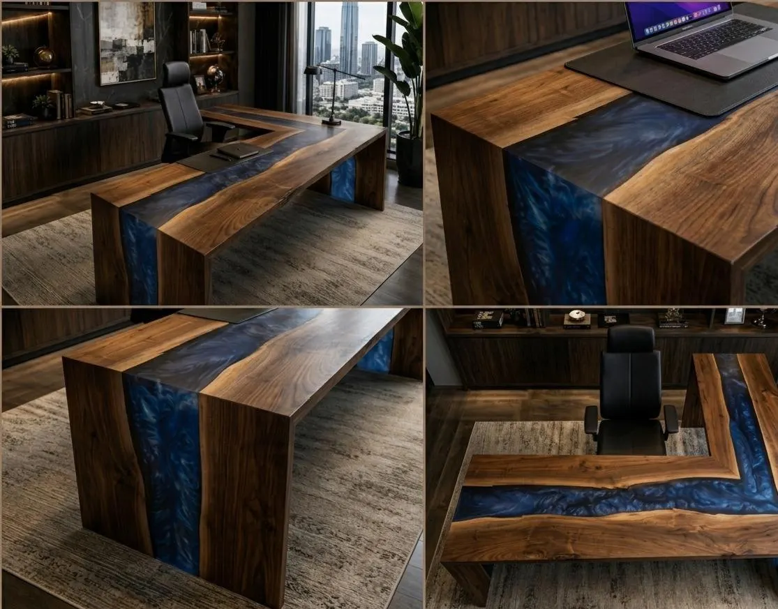 Custom Live Edge Walnut Resin Desk – L-Shaped Executive Office Table