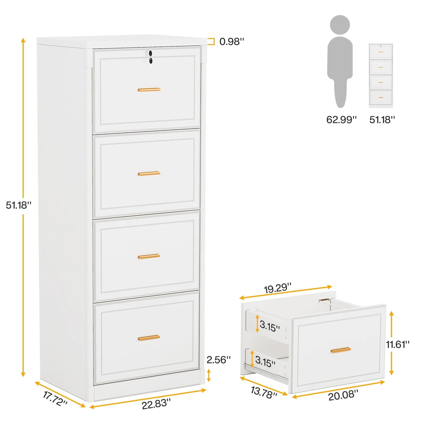 4-Drawer File Cabinet with Lock and Key, Vertical Filing Cabinet for A4/Letter/Legal Size