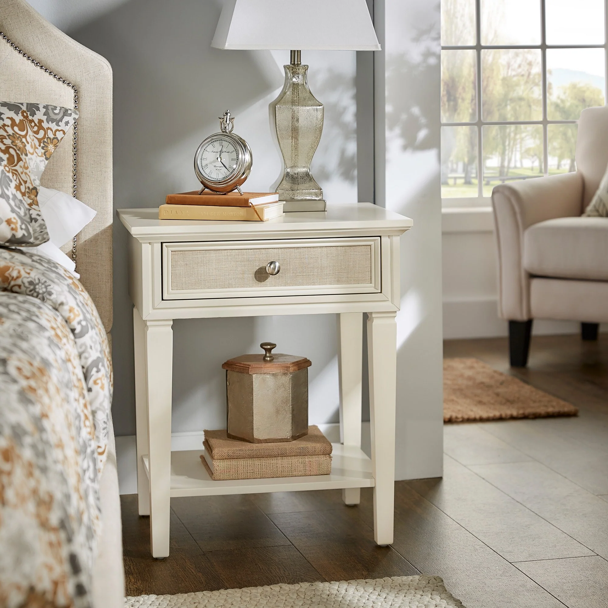 Thea White Finish Beige Linen Drawer Face 1 Drawer Nightstand by iNSPIRE Q Classic