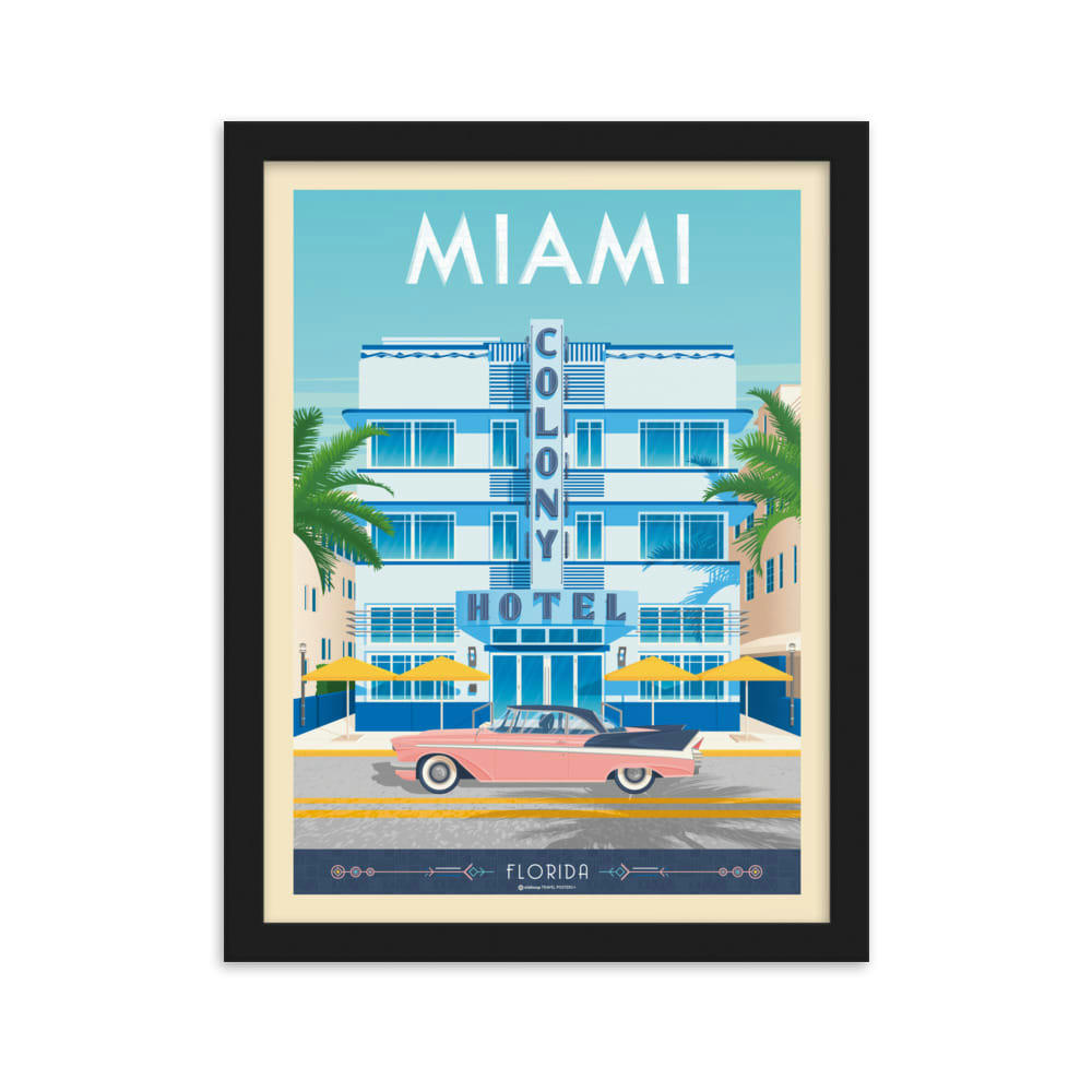 - Affiche Miami Colony Hotel + Cadre Bois noir 21x29,7 cm