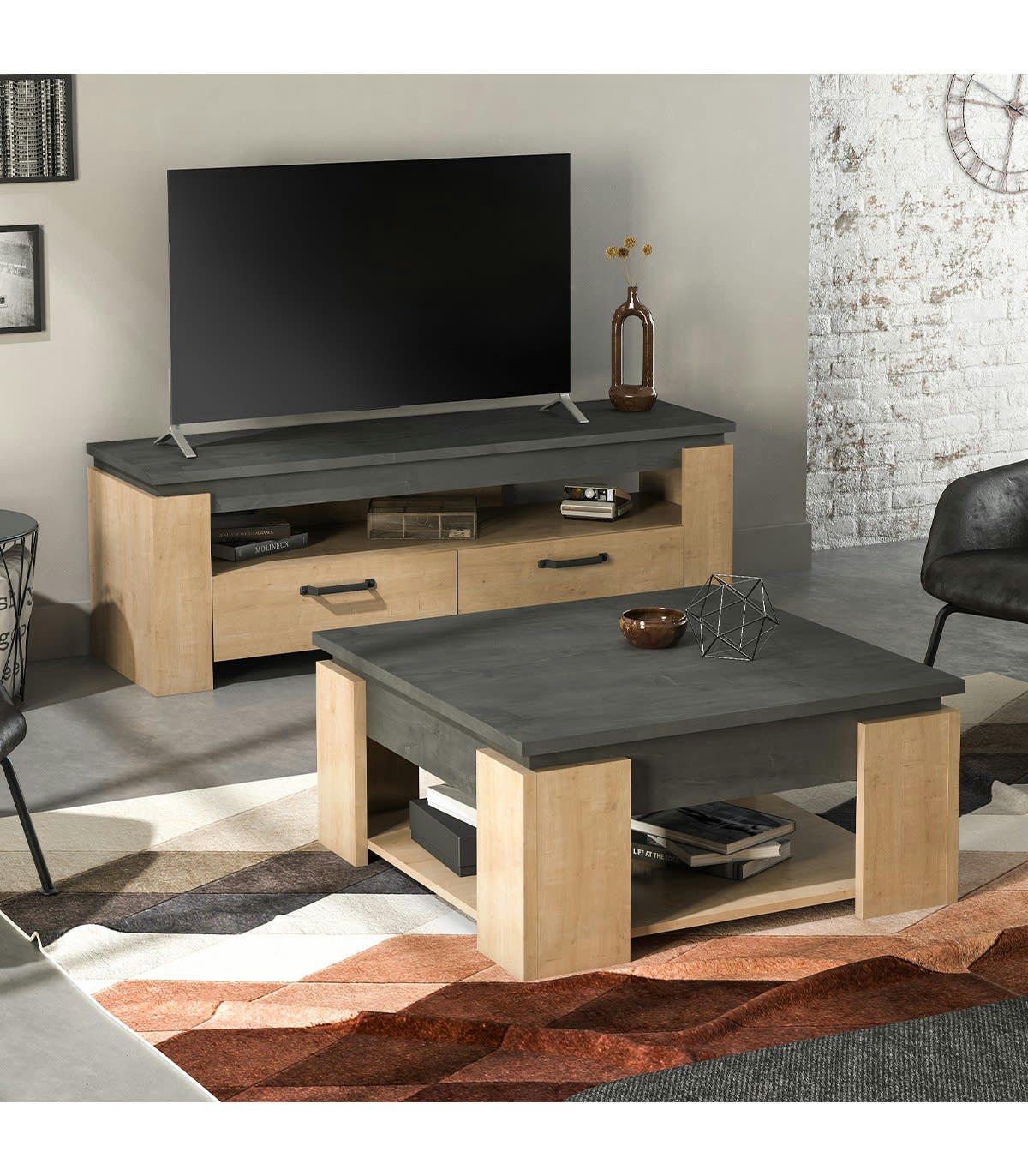 AUSTIN - Meuble TV 2 tiroirs décor chêne et gris anthracite - L140 cm