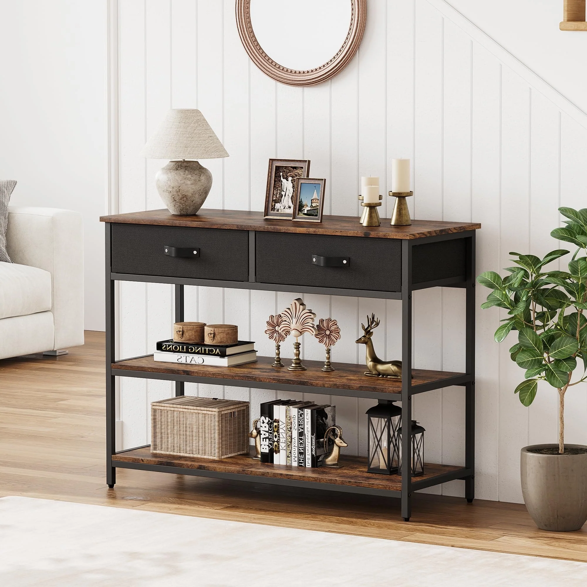 Industrial Console Table with 3 Drawers for Living Room