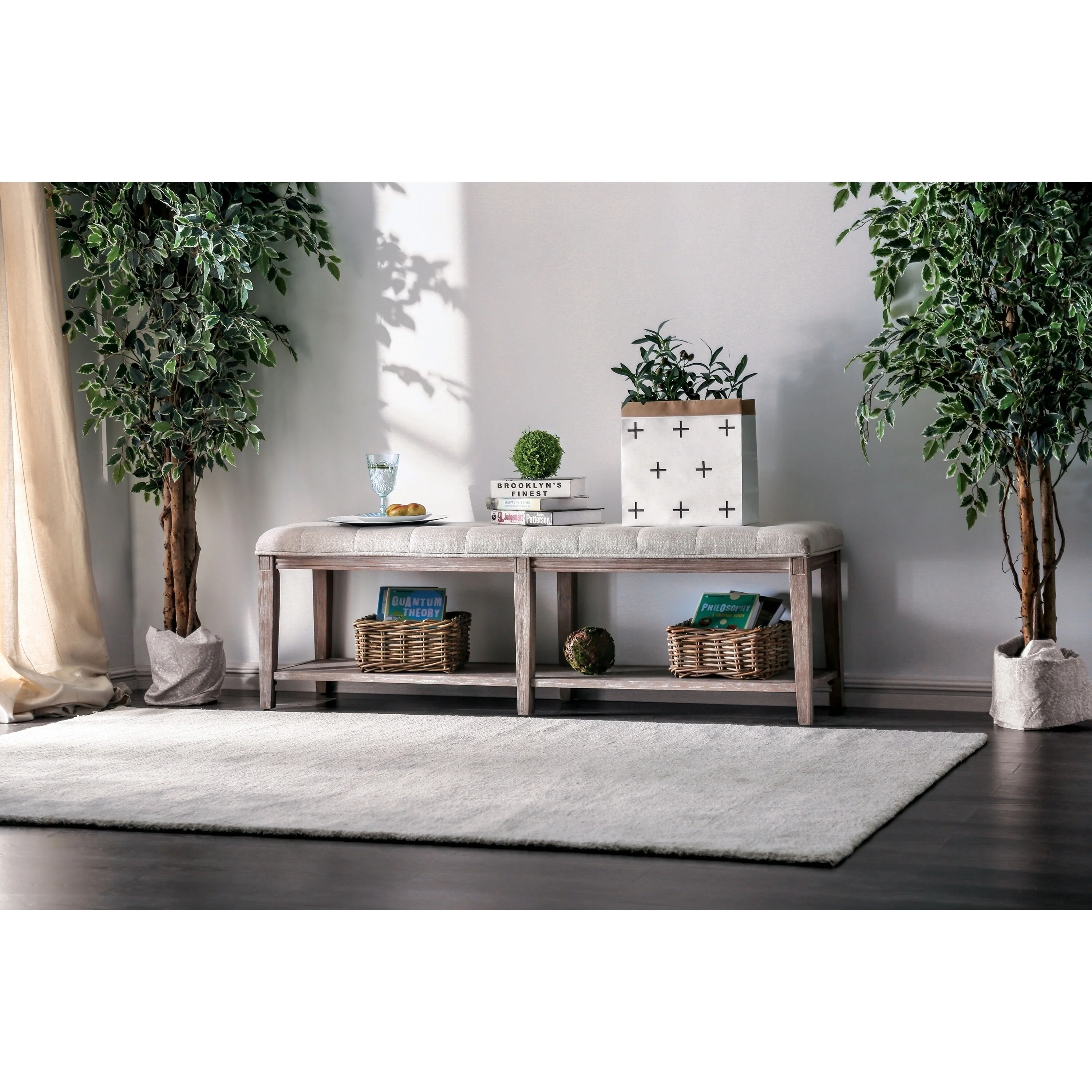 Beavers Point Rustic Linen Tufted Storage Entryway Bench by The Gray Barn
