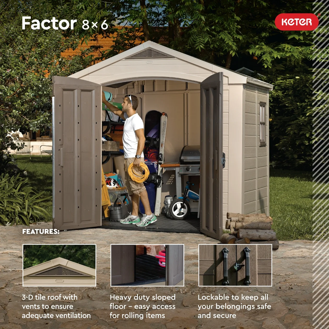 Keter Factor 8x6 ft. Resin Outdoor Storage Shed With Floor for Patio Furniture and Tools, Brown