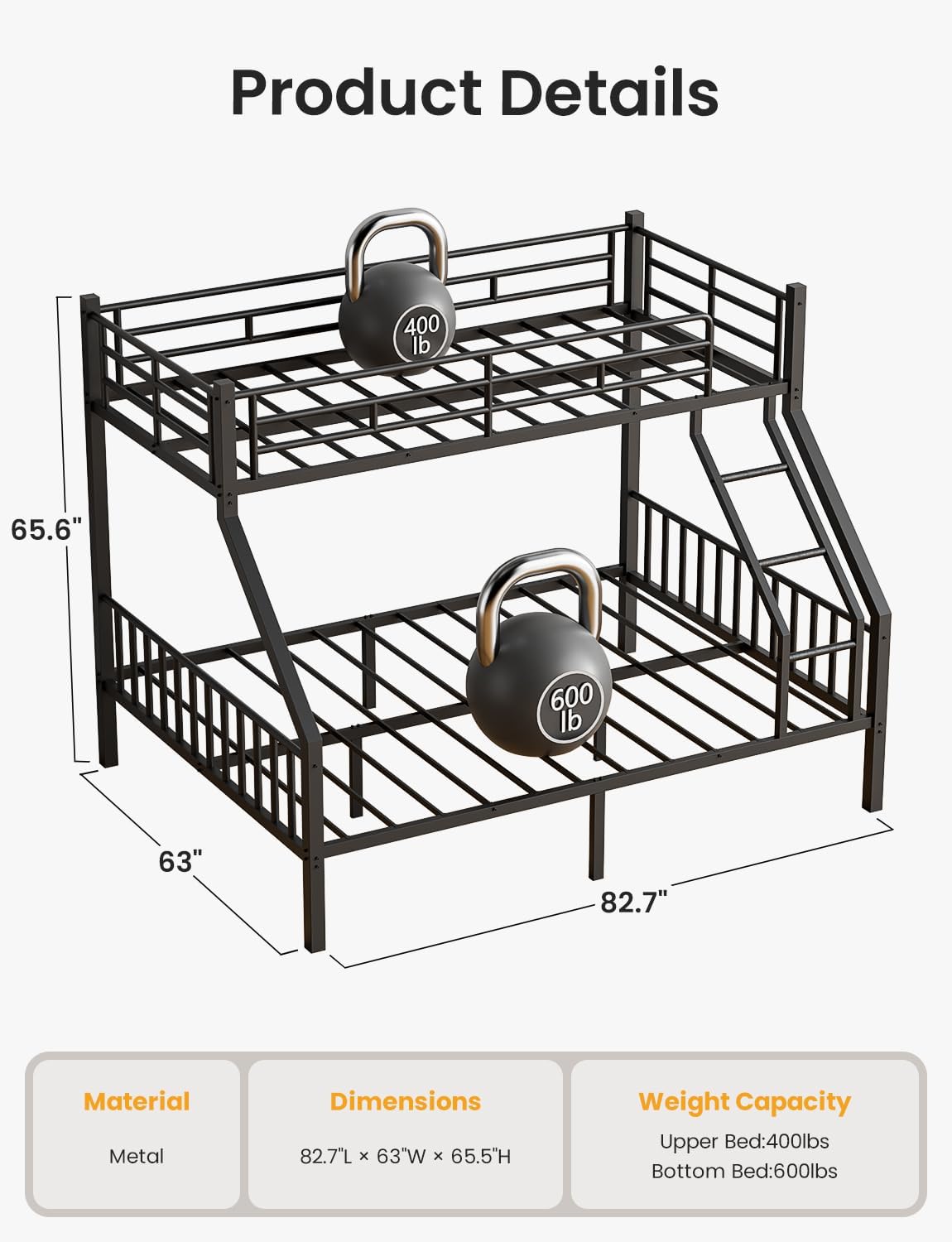 Twin XL Over Queen Bunk Bed, Heavy Duty Queen Bunk Bed for Adults, Metal Bed Frame with Full-Length Guardrails & EVA Padded Anti-Slip Ladder, No Box Spring Needed, Black
