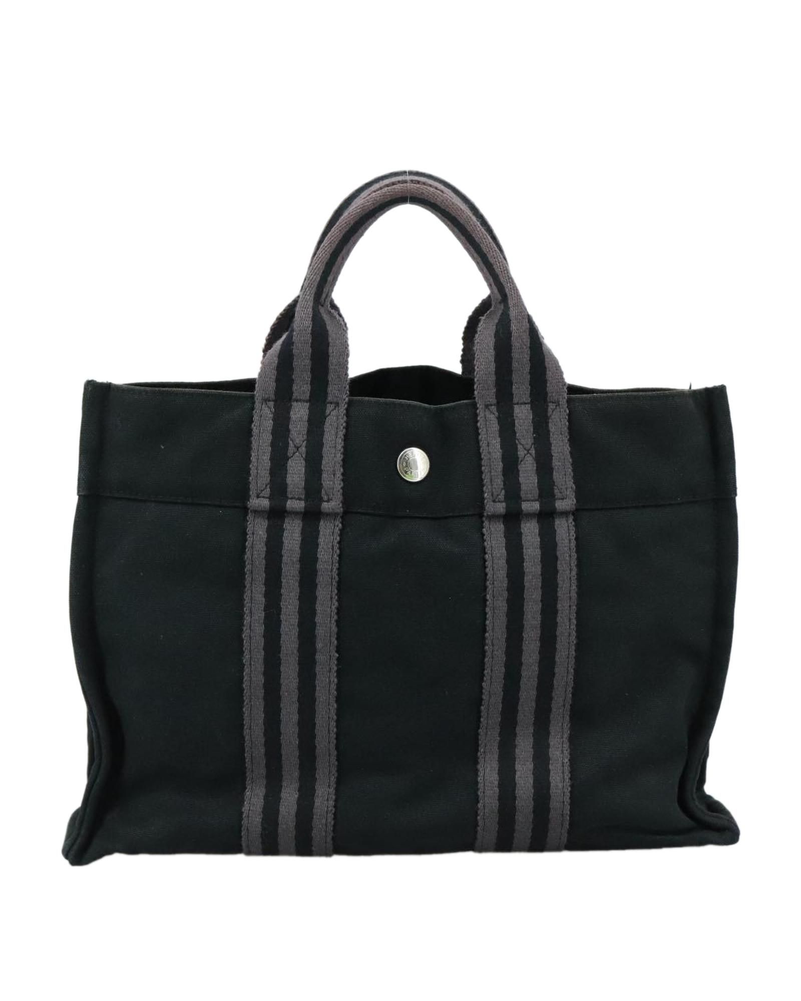 Hermes Preloved Canvas Tote Bag with Grey Stripes- Black