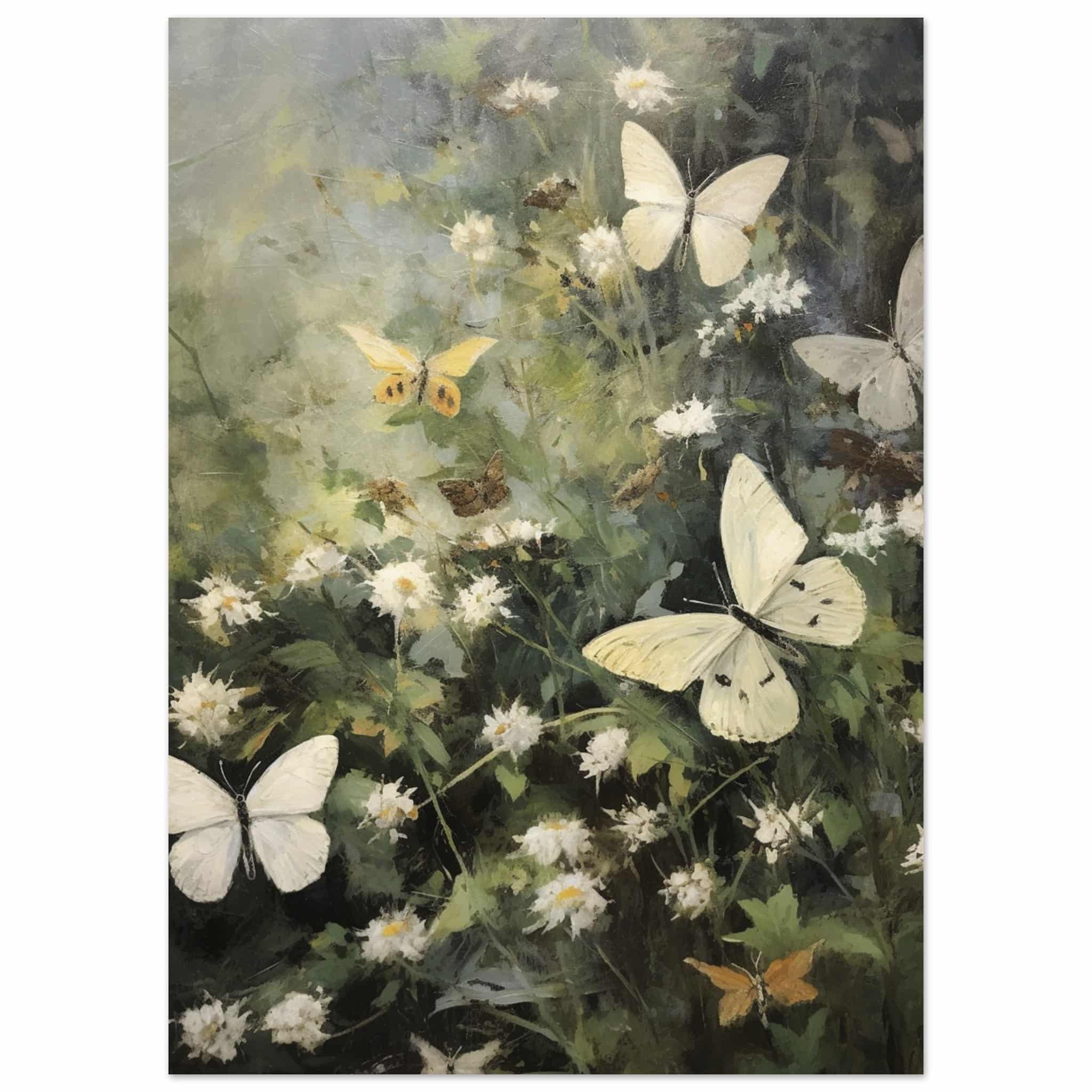 Artfulprints Poster Butterflies in flowerfield  - 50x70 cm - Donkergroen