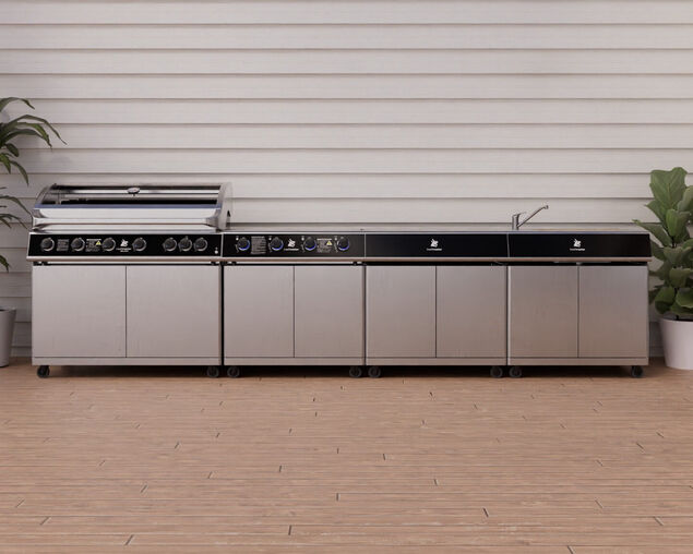 Beefmaster Deluxe 6 Burner Outdoor Kitchen with Range, Sink & Bench on Deluxe Carts