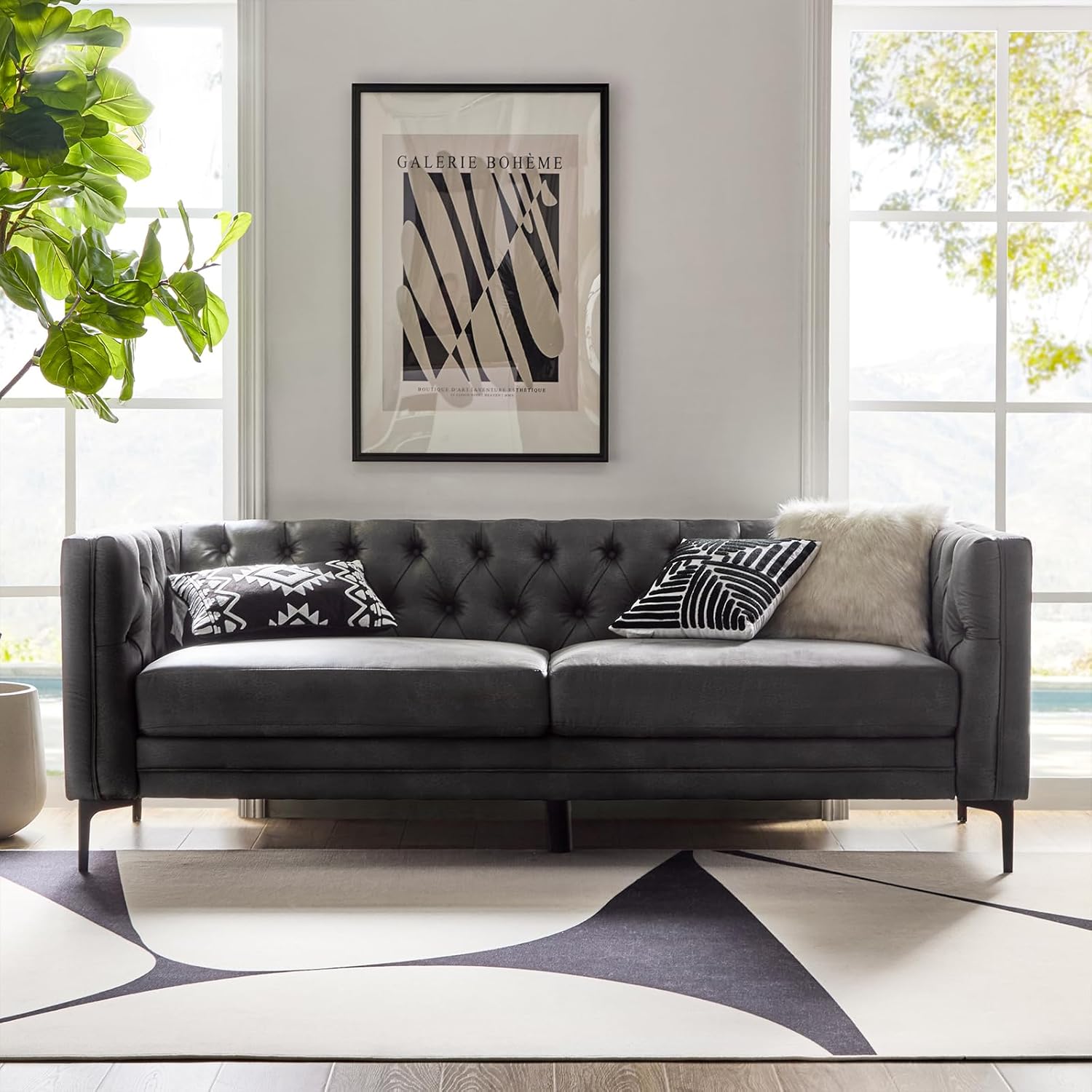 HULALA HOME 84 W Faux Leather Sofa Couch with Metal Legs, Button-Tufted 3-Seater Sofa, Mid Century Modern Contemporary Upholstered Couch for Living Room, Entertainment Area, Apartment,Grey