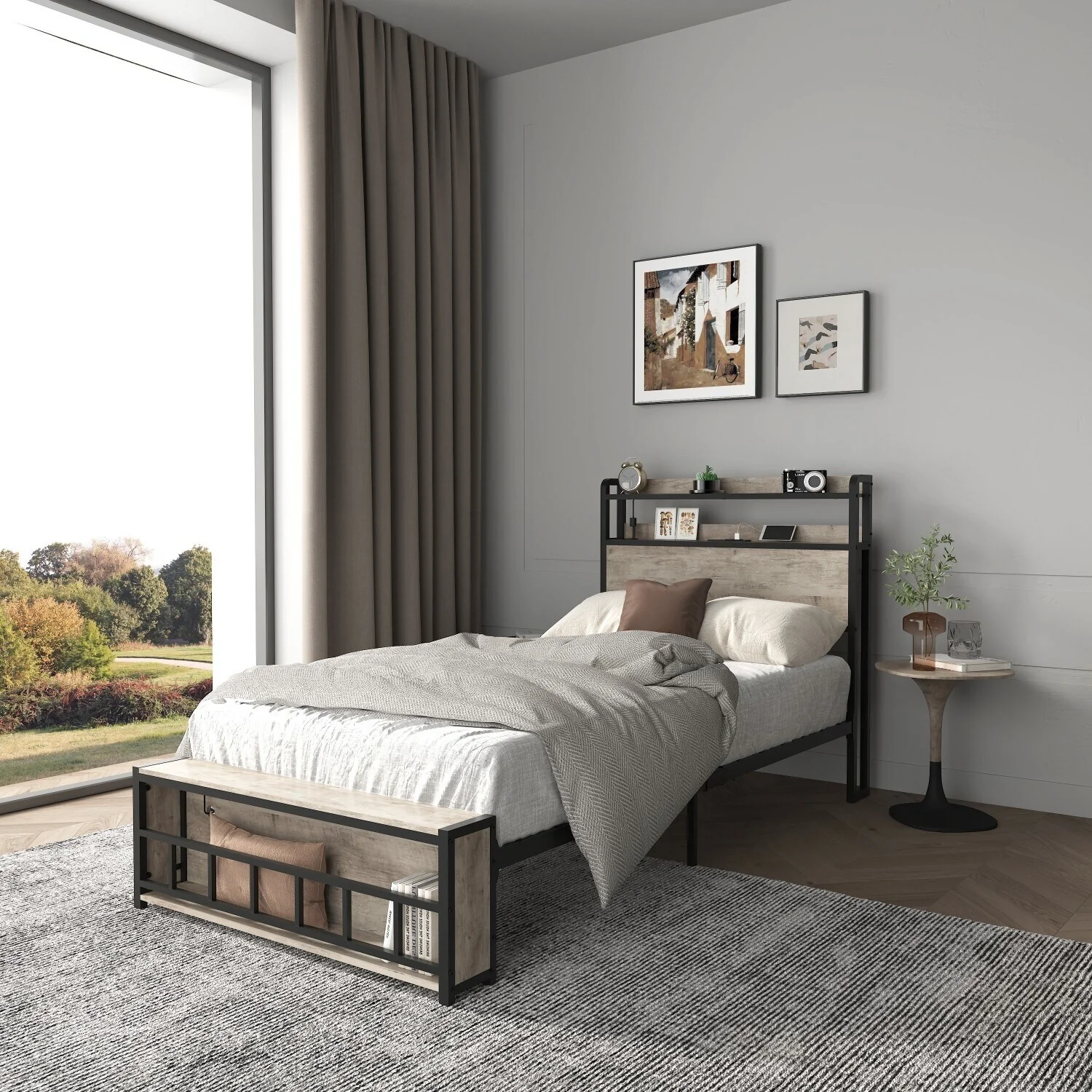 Twin Bed Frames with Charging Station & LED Ligh