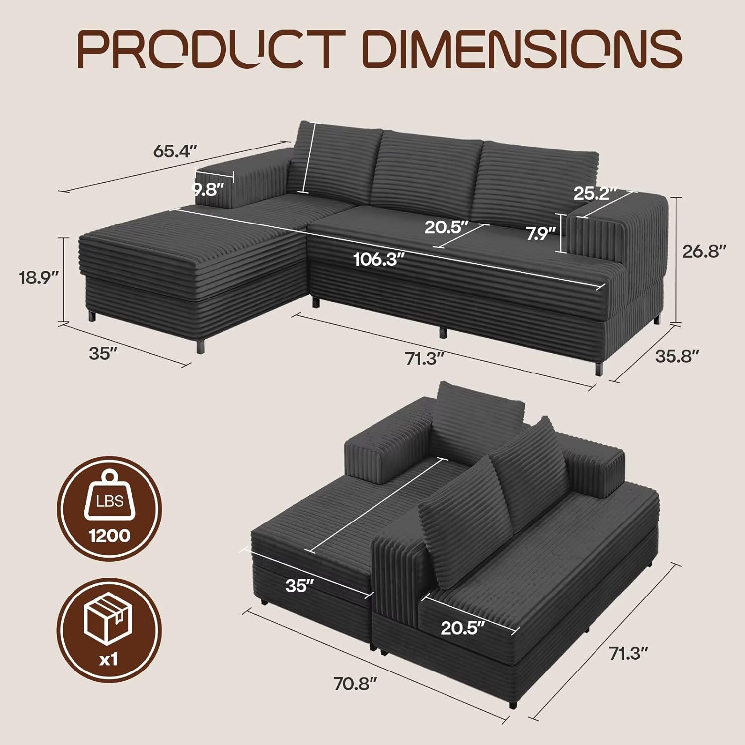 106 Cloud Sectional Sofa with Chaise Lounge, Modular L Shaped Couch with Iron Frame, Modern Fluffy Corduroy Couches for Living Room, Bedroom, Office, Left Facing Chaise, Gray
