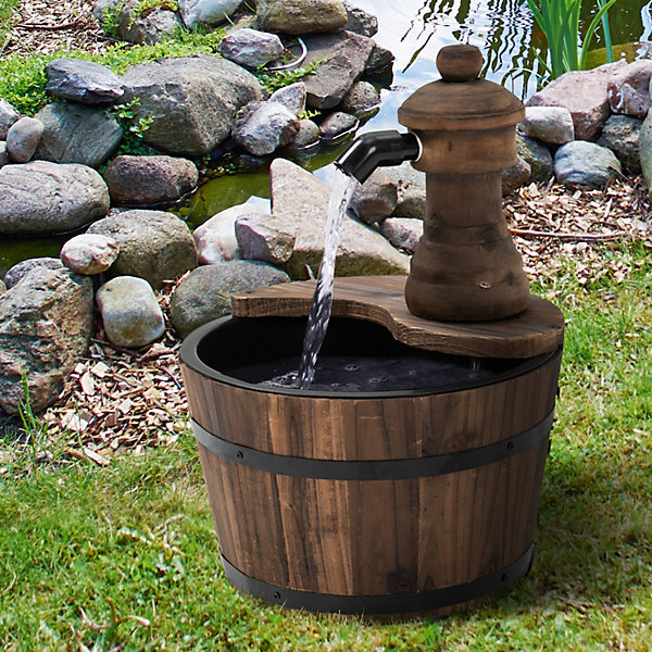 Fontaine de jardin tonneau pompe à eau submersible incluse dia. 27 x 37H cm bois de pin marron