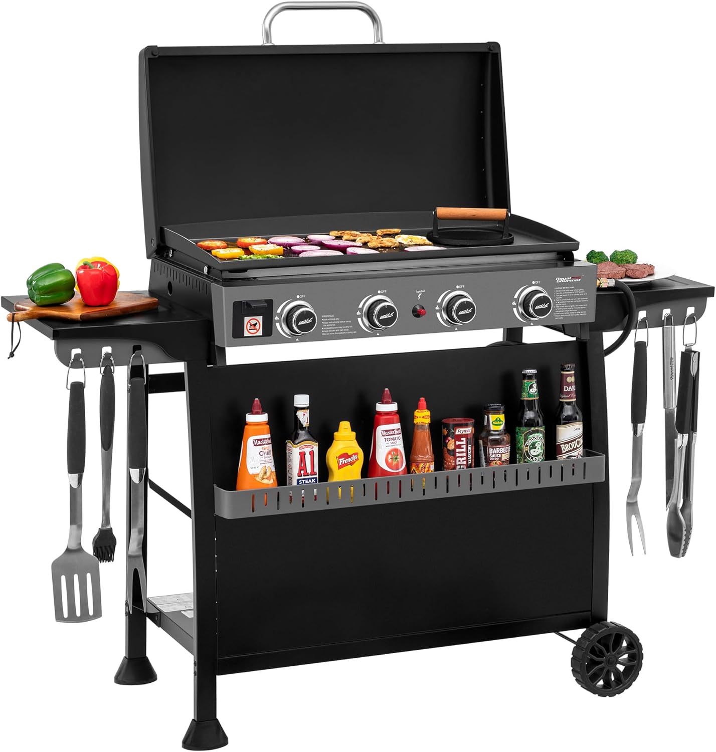 Royal Gourmet PD4001 4 Burner Propane Gas Griddle with Removable Standing Cart  Convertible to Tabletop Design  Flat Top Grill with Hood for Camping  Tailgating  Backyard  Black