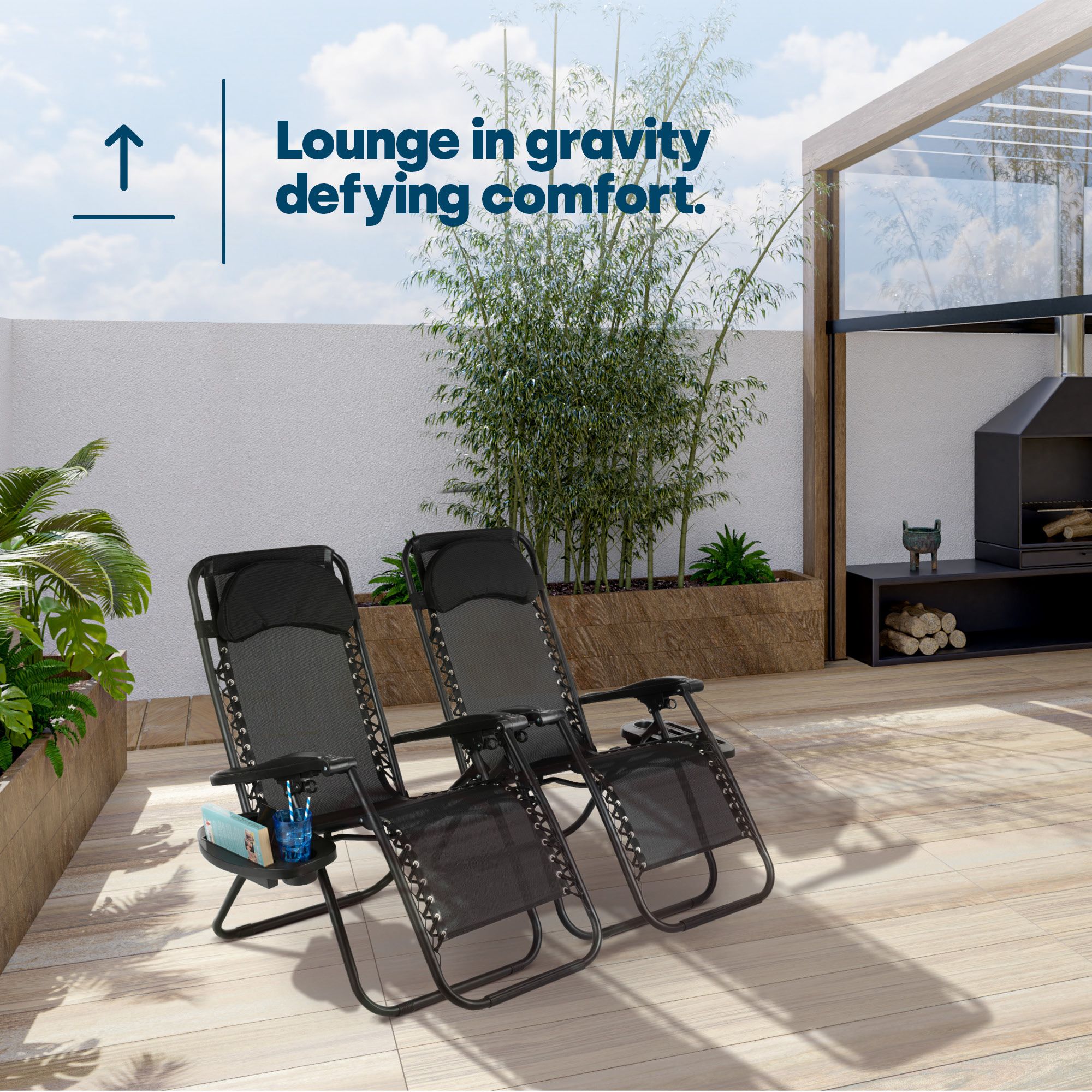 LIVIVO Outdoor Gravity Textline Chair Set with Headrest & Tray - Set of 2