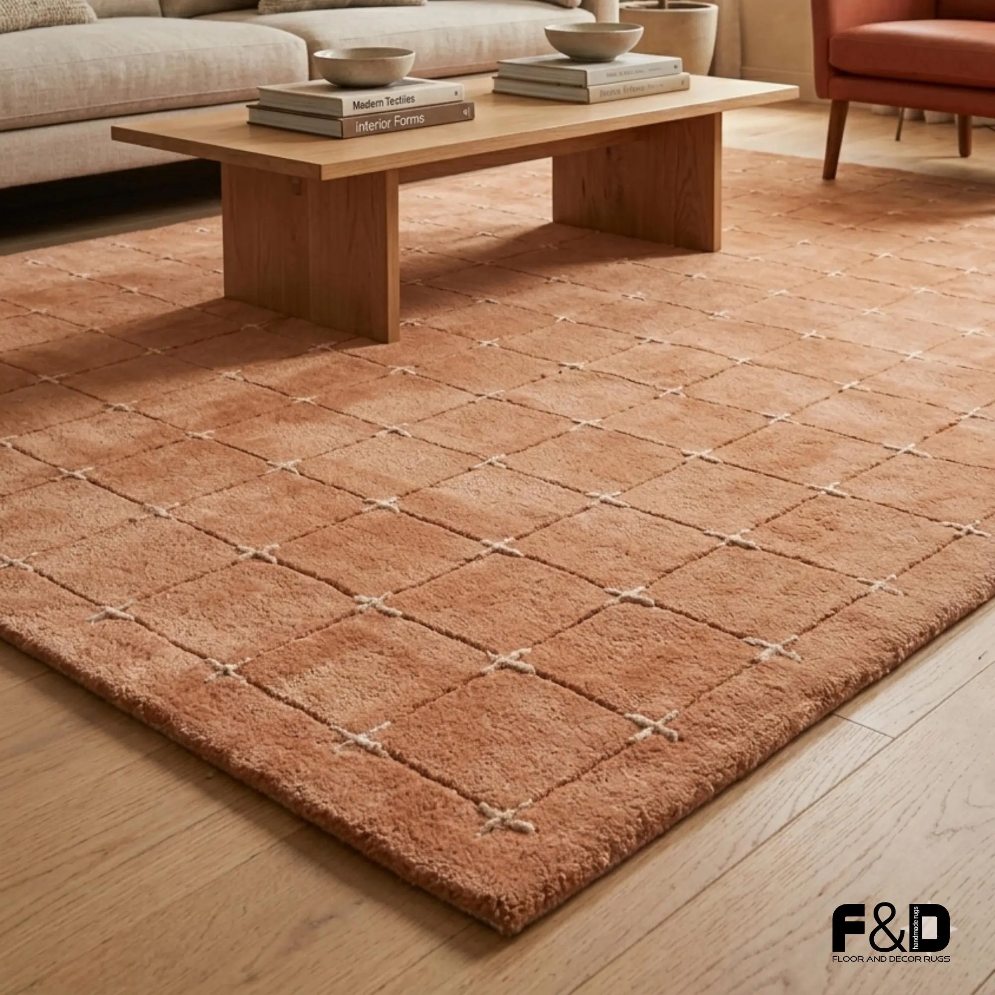 9x12 Terracotta Moroccan Rug | Deep Texture Grid Area Rug | Plush Boho Geometric Carpet | Burnt Orange Artisanal Custom Rug for Living Room