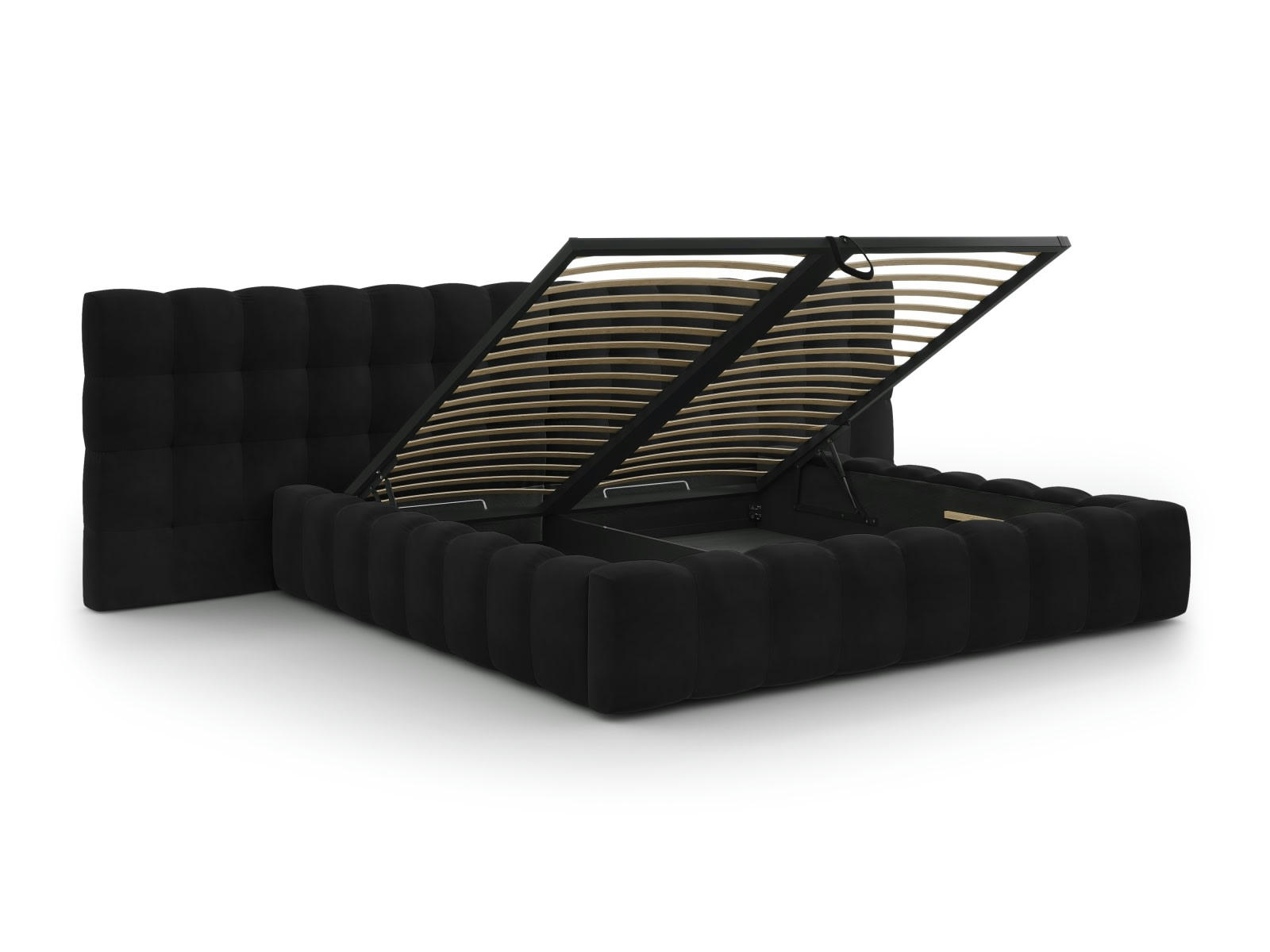 MAMAIA - Lit coffre en avec tête de lit double 200x200cm en tissu velours noir