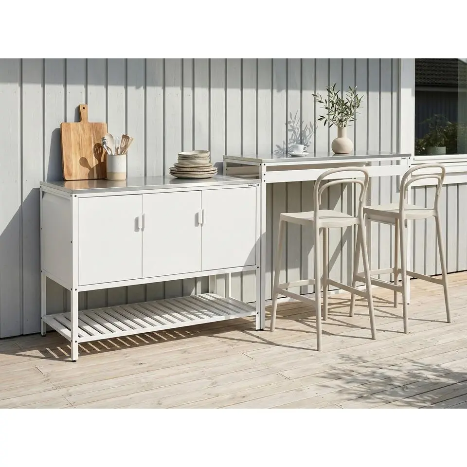 MAENZA - 2-delige buitenkeuken set met bartafel - Wit - Staal